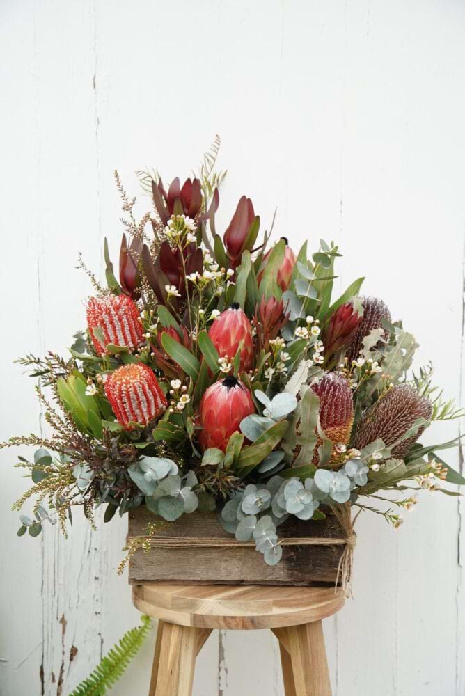 Native Flower Arrangement in Wooden Box