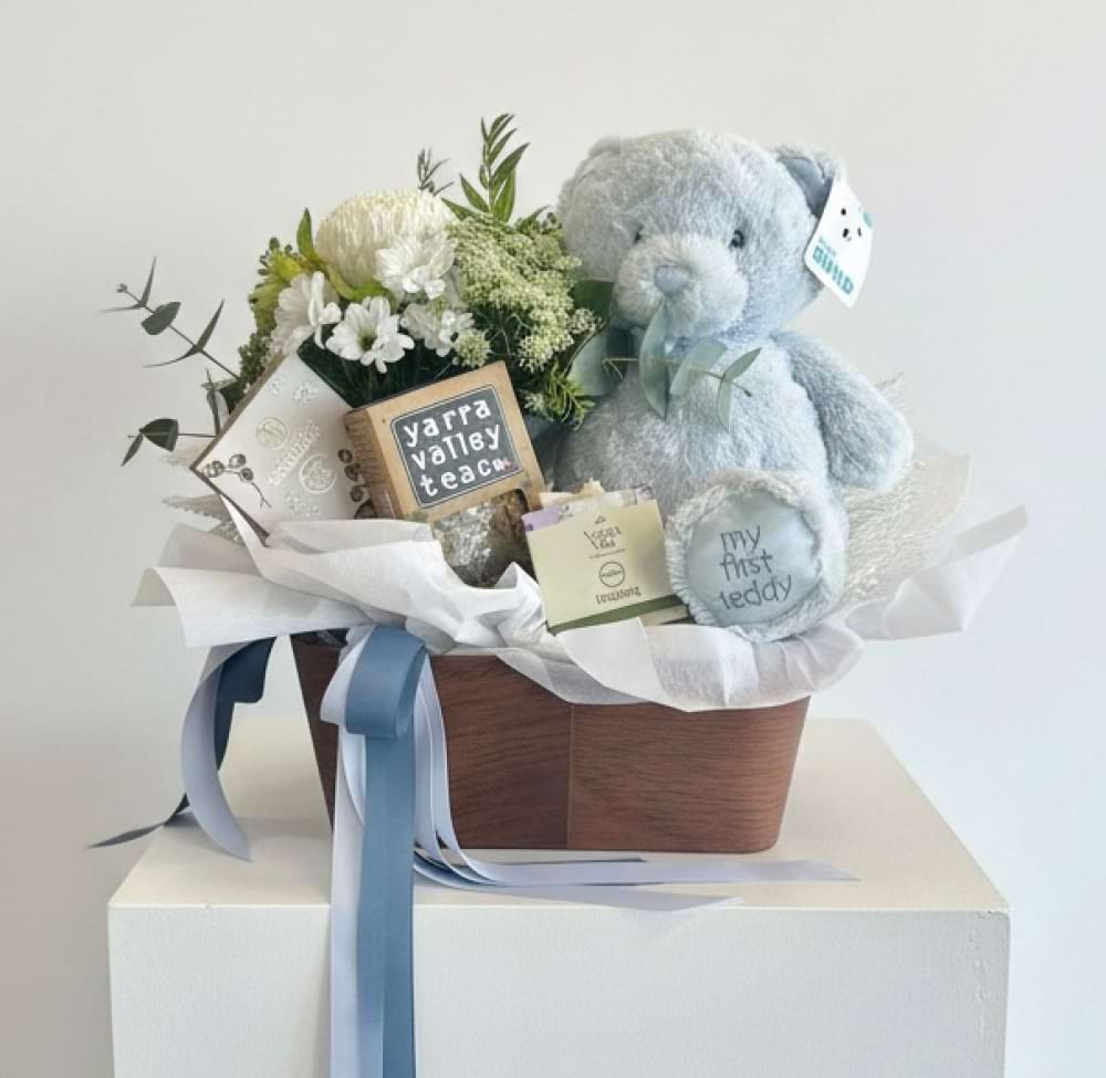 Baby Boy hamper with Posy, Chocolate, Tea, Soap and Bunny